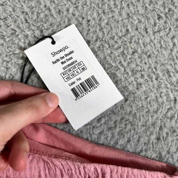 Showpo NWT Razille One Shoulder Puff Sleeve Ruffle Hem Mini Dress Pink US 6 - Picture 3 of 11